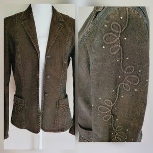 Escada Black Brown Denim Embroidered Embellished Rhinestone Blazer Jacket